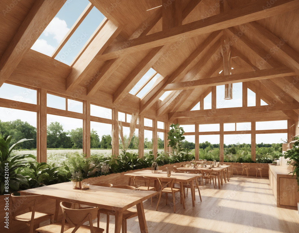 Fototapeta premium Rustic Restaurant Interior with Wooden Furniture and Abundant Natural Light