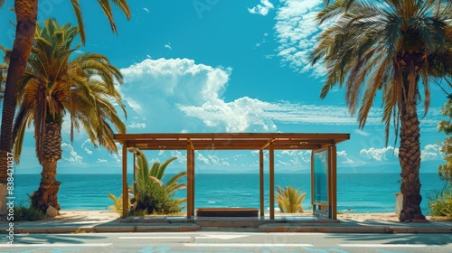 Seaside bus stop with benches  framed by palm trees against a backdrop of the ocean and blue sky.