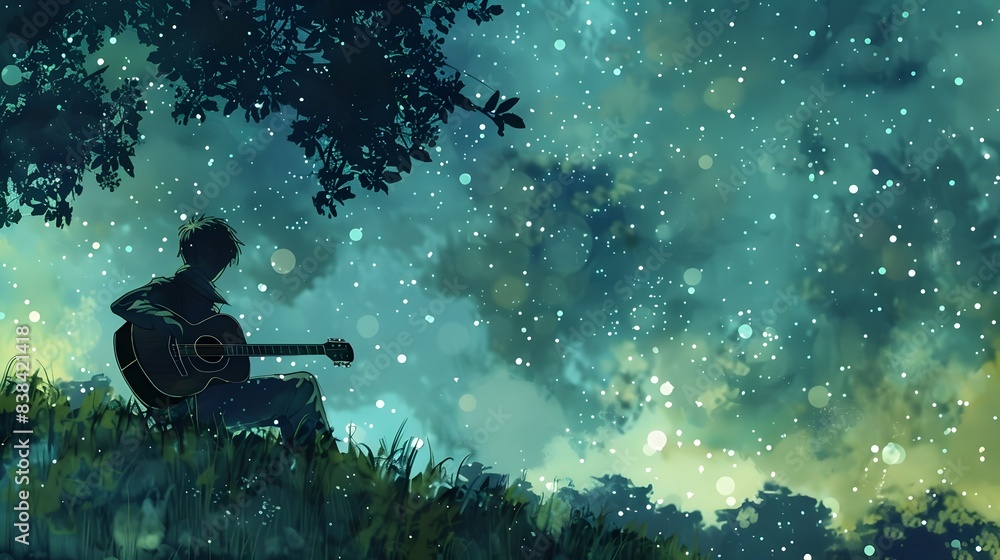 Serene Silhouetted Tree Under Starry Night Sky in Magical Landscape Serene Silhouetted Tree Under Starry Night Sky in Magical Landscape