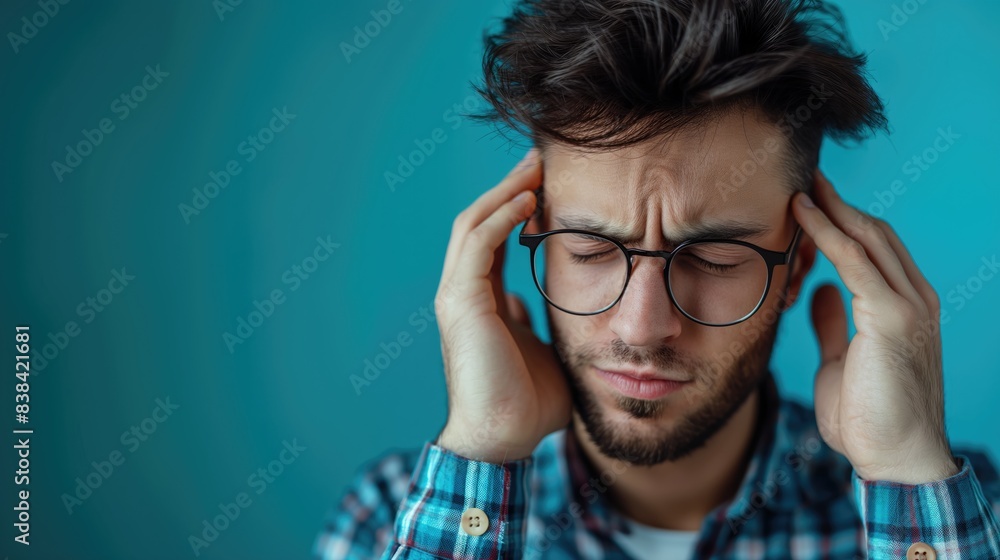A man is holding his head in pain due to discomfort or headache A man is holding his head in pain due to discomfort or headache