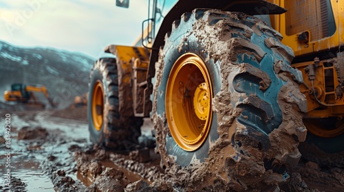 Close up of heavy equipment with large tires on a construction site, with road work in the background. Bulldozer or backhoe. Dirty loader wheels with a large tread with sky sunset. photo