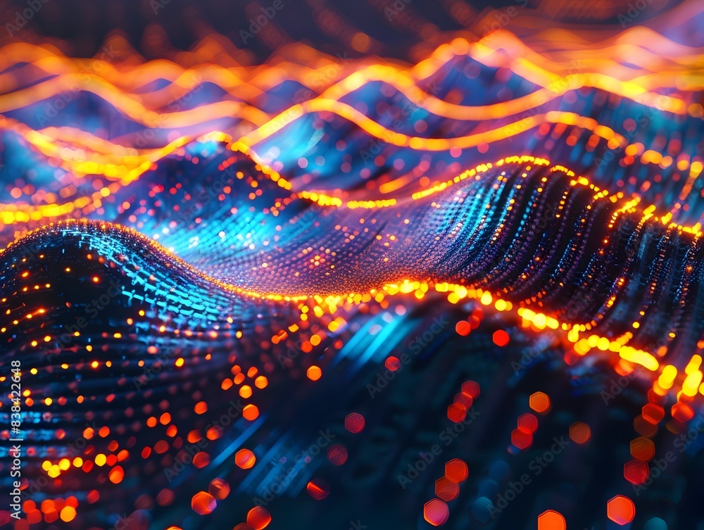Vibrant Futuristic Digital Light Waves Abstract Background with Glowing Fluid Patterns and Luminous Particle Network Vibrant Futuristic Digital Light Waves Abstract Background with Glowing Fluid Patterns and Luminous Particle Network