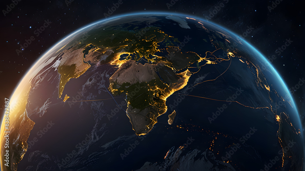 A futuristic theme with a globe from space lite up with connectivity themes across world with futuristic technology and AI-driven transport networks connect across the earth. A futuristic theme with a globe from space lite up with connectivity themes across world with futuristic technology and AI-driven transport networks connect across the earth.
