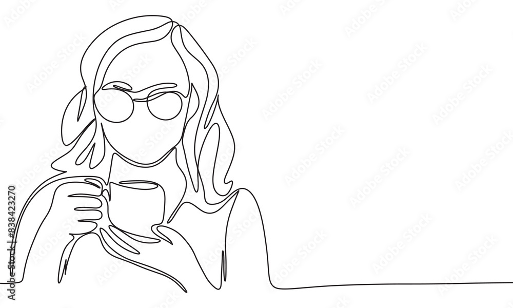 Woman with cup of coffee one line continuous. Woman with tea cup line art. Hand drawn vector art.
