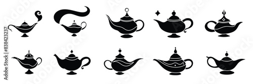 Collection of magic lamp silhouettes icon set. Hand drawn vector art. 