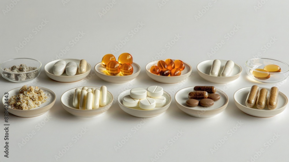 Flat Lay of Vitamin and Supplement Containers in a Minimalist Grid Pattern Flat Lay of Vitamin and Supplement Containers in a Minimalist Grid Pattern