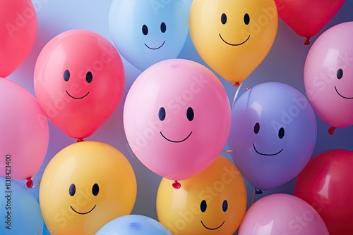 a bunch of balloons with smiley faces on them, a bunch of colorful balloons with smiley faces, Happy faces surrounded by floating birthday balloons