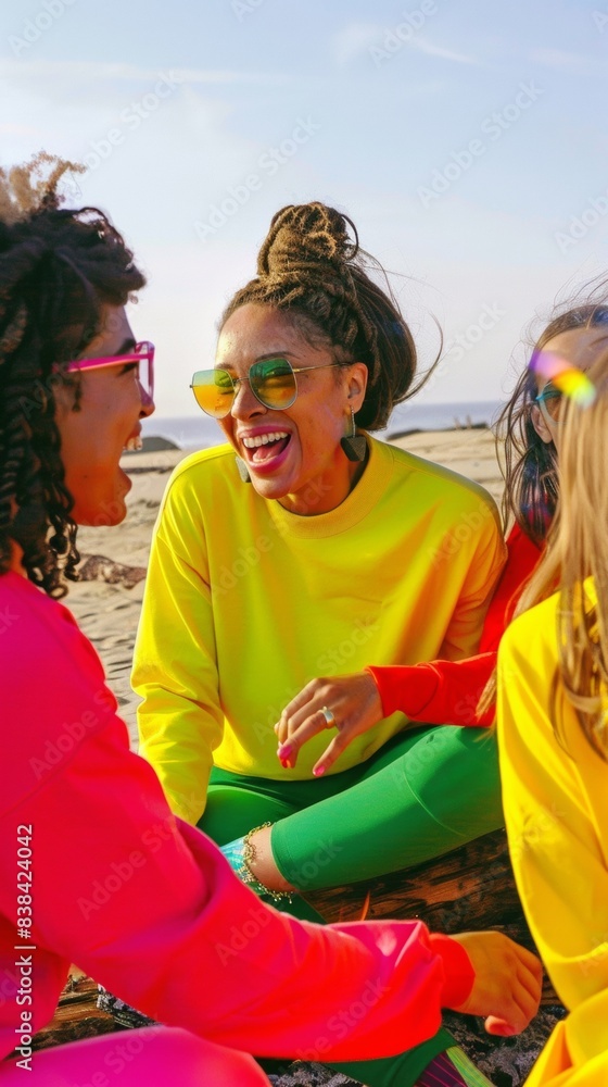 Transgender Woman Celebrates with Friends at Sunset Beach Bonfire During Pride Month, Radiating Joy in Vibrant Outfits