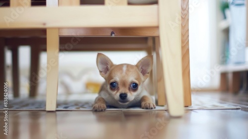 A small chihuahua dog hides under a wooden table  looking at the camera with big  curious eyes.
