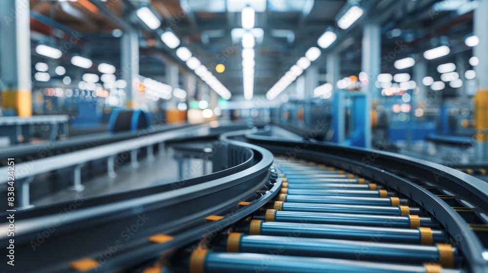 Empty conveyor belt in smart factory, efficient production line, industrial automation, minimalistic design, photorealistic, ethereal, double exposure, sleek interior Empty conveyor belt in smart factory, efficient production line, industrial automation, minimalistic design, photorealistic, ethereal, double exposure, sleek interior
