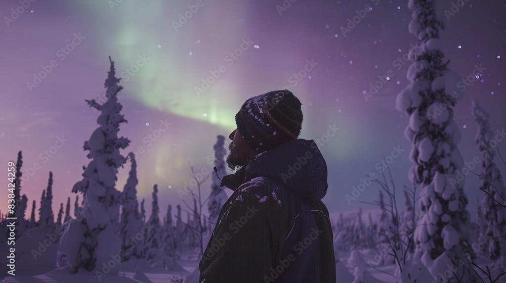 a person standing in the snow looking at the aurora bore in the sky a person standing in the snow looking at the aurora bore in the sky