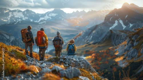 Trekking sul Lago di Como, nature adventures - group of friends walking in forest with backpacks, hikers or backpackers walks in sunset mountains photo
