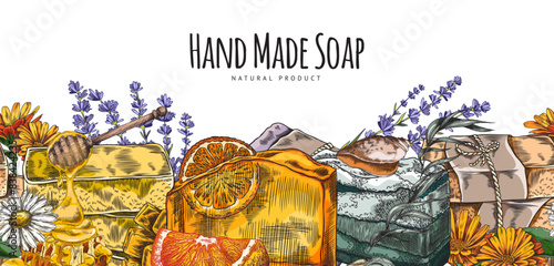 Handmade soap vector banner, hand drawn, text space.