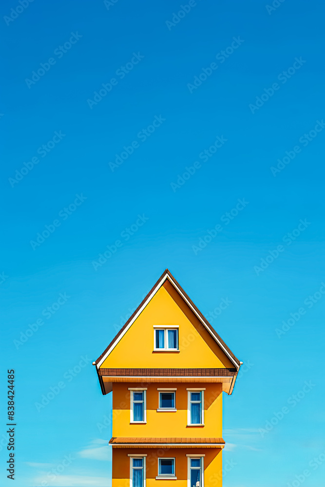 A yellow house with a blue roof and blue trim. A yellow house with a blue roof and blue trim.