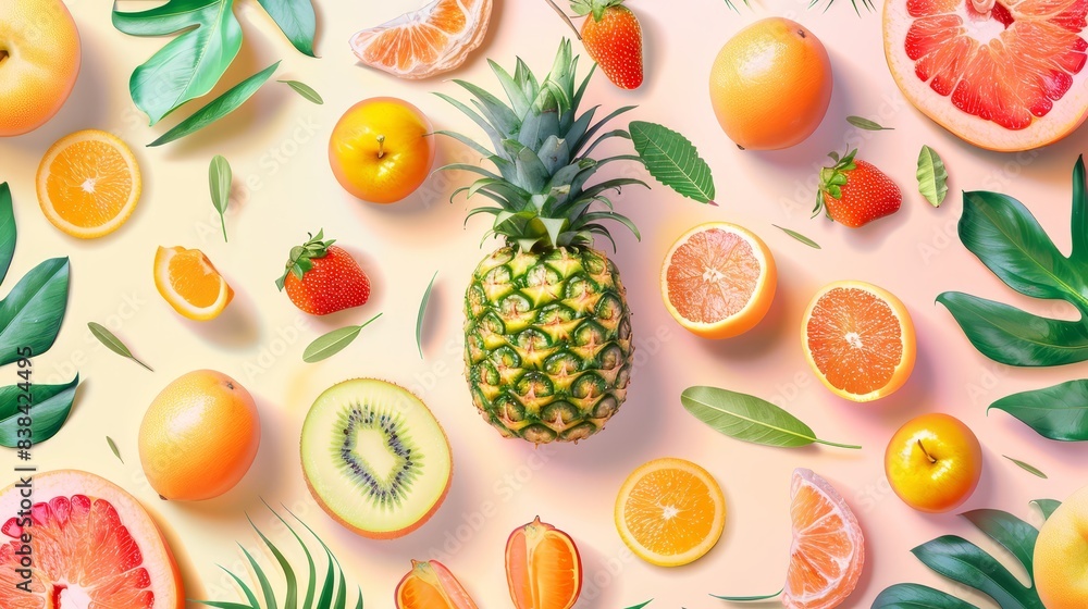 Fresh tropical fruits pattern on pastel background, minimalistic design, photorealistic, whimsical, composite, bright and cheerful Fresh tropical fruits pattern on pastel background, minimalistic design, photorealistic, whimsical, composite, bright and cheerful