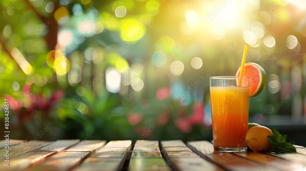 Fruit juices on wooden table with garden blur, minimalistic and vibrant design. Ideal for themes of healthy living and refreshing drinks Fruit juices on wooden table with garden blur, minimalistic and vibrant design. Ideal for themes of healthy living and refreshing drinks