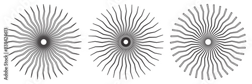 Radial circle lines. Circular radiating lines geometric element. Sun star rays symbol. Abstract geometric shapes. Design element. Vector illustration isolated on white background