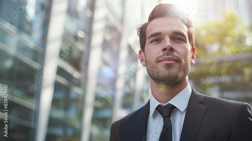 a man in a suit and tie standing in front of a building © progressman