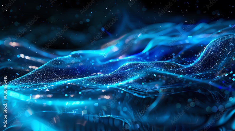 Abstract blue glowing wavy pattern with light particles creating a mystical and futuristic background. High resolution and vibrant colors. Abstract blue glowing wavy pattern with light particles creating a mystical and futuristic background. High resolution and vibrant colors.