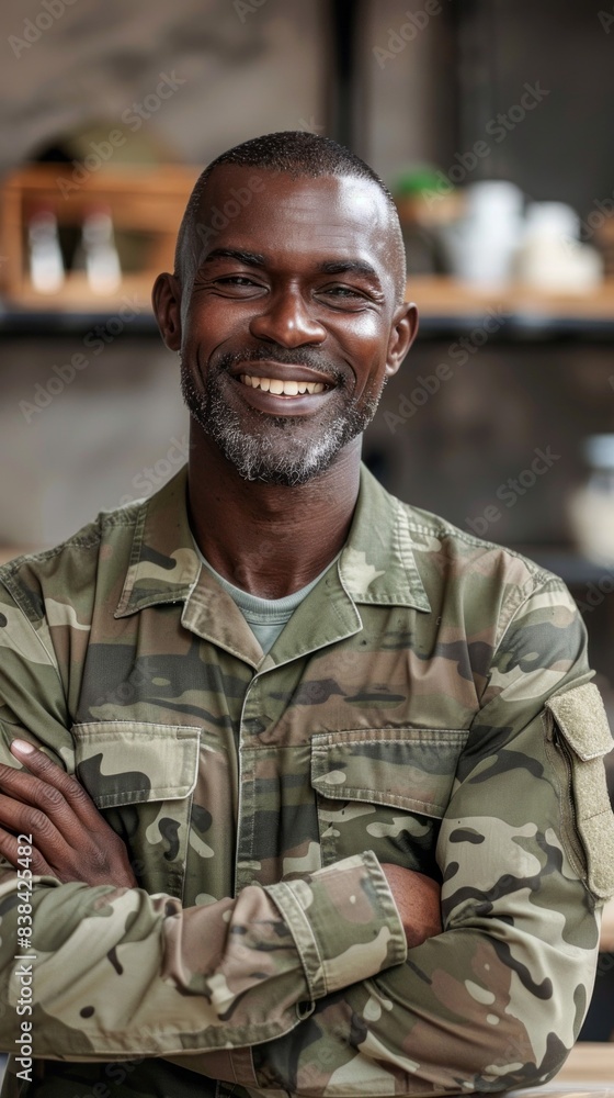 Obraz premium A man in a military uniform is smiling and posing for a picture