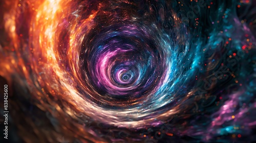 Abstract cosmic swirling vortex with vibrant colors, depicting space and time concept. Ideal for sci-fi backgrounds and digital art.
