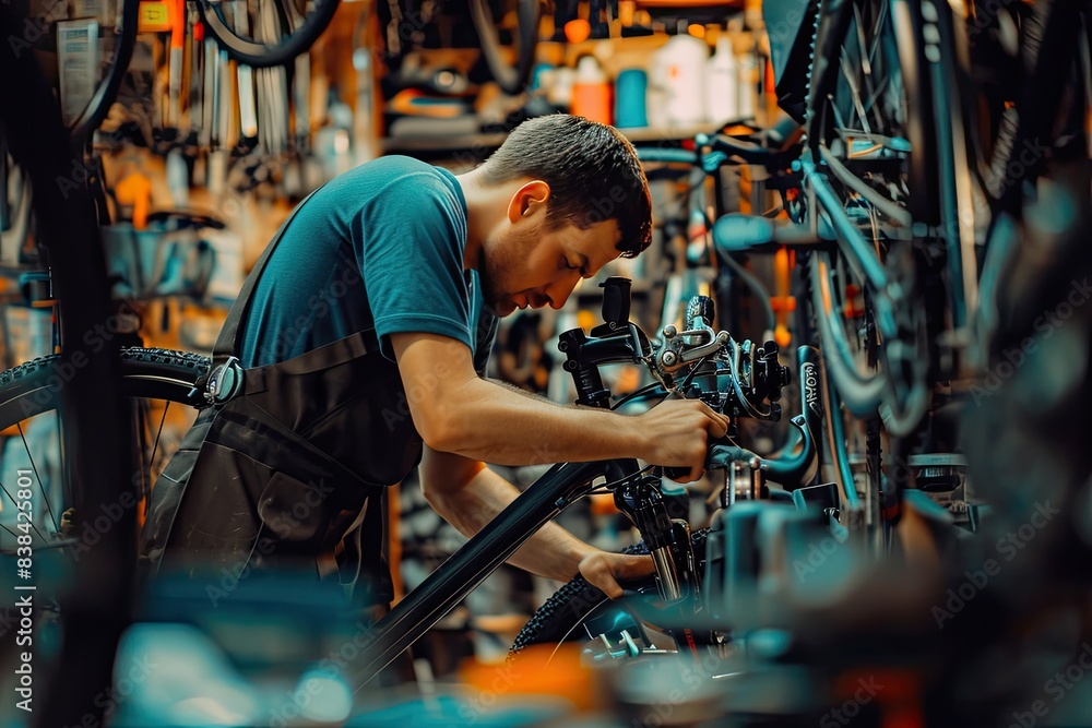 Focused bike mechanic working, a man working on a bike in a bike shop, Mechanics at a bike repair shop expertly fixing and tuning up various bicycles Focused bike mechanic working, a man working on a bike in a bike shop, Mechanics at a bike repair shop expertly fixing and tuning up various bicycles