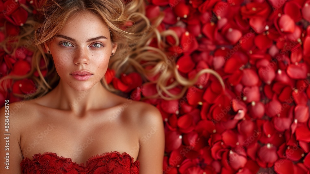 A beautiful woman in a red dress laying on top of roses, AI A beautiful woman in a red dress laying on top of roses, AI