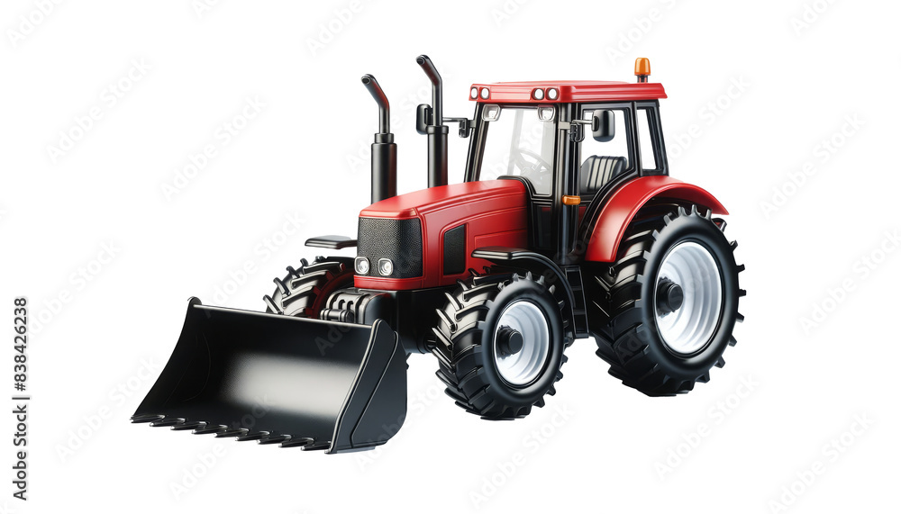 Red toy tractor with a front loader, isolated on a white background. Suitable for children's toys, agricultural education, and farming-themed content. Premium PNG format with a transparent background. Red toy tractor with a front loader, isolated on a white background. Suitable for children's toys, agricultural education, and farming-themed content. Premium PNG format with a transparent background.