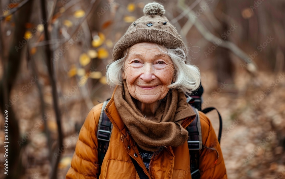 Elderly Woman Enjoying a Scenic Forest Hike in Comfortable Outdoor Gear, Embodying an Adventurous Spirit Elderly Woman Enjoying a Scenic Forest Hike in Comfortable Outdoor Gear, Embodying an Adventurous Spirit