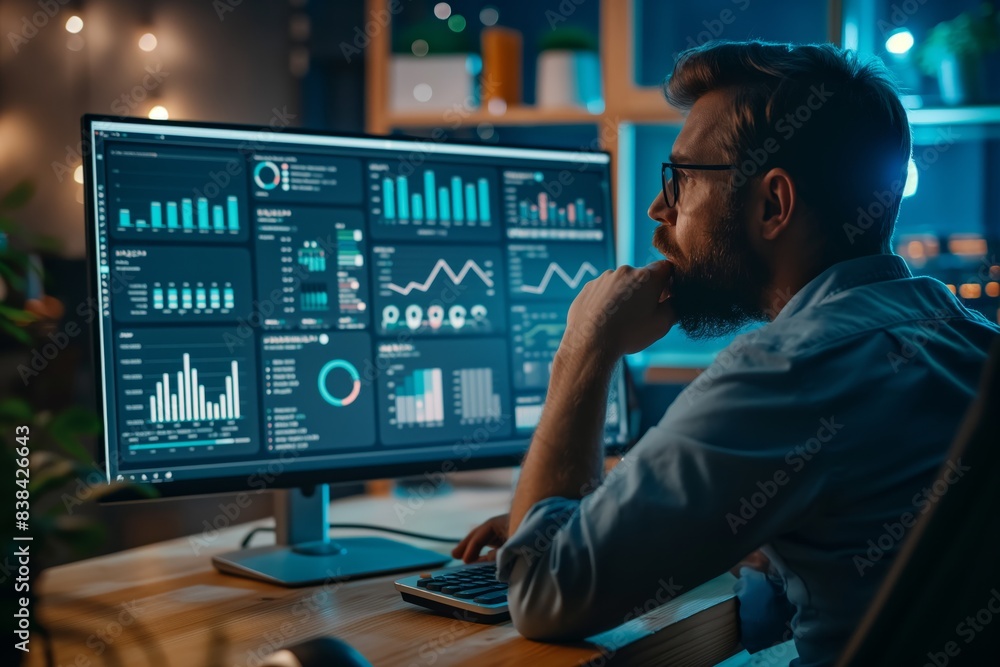 A business analyst examines data and graphs on a computer screen A business analyst examines data and graphs on a computer screen