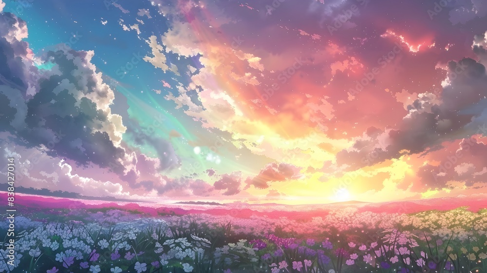 Fototapeta premium Breathtaking Sunset Over Flourishing Flower Meadow in Peaceful Rural Landscape