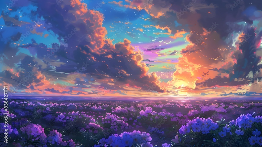 Fototapeta premium Breathtaking Sunset Over Lavender Field Landscape with Dramatic Clouds