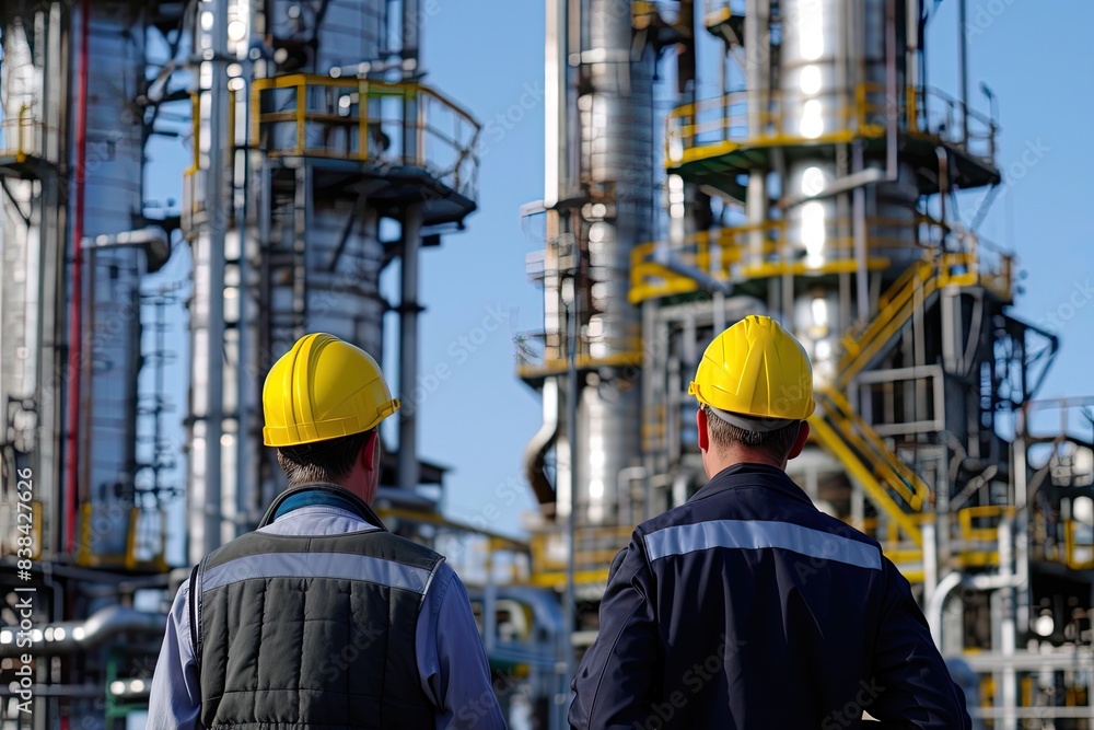 Complex industrial facility, workers in red., two men in red jackets and hard hats standing in front of a factory, Oil refinery workers overseeing distillation towers Complex industrial facility, workers in red., two men in red jackets and hard hats standing in front of a factory, Oil refinery workers overseeing distillation towers