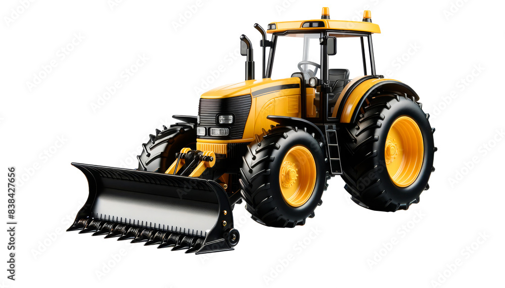 Obraz premium Realistic illustration of a yellow tractor with a front loader on a farm. Perfect for agricultural marketing, farming machinery promotions, and rural project advertisements. Premium illustration