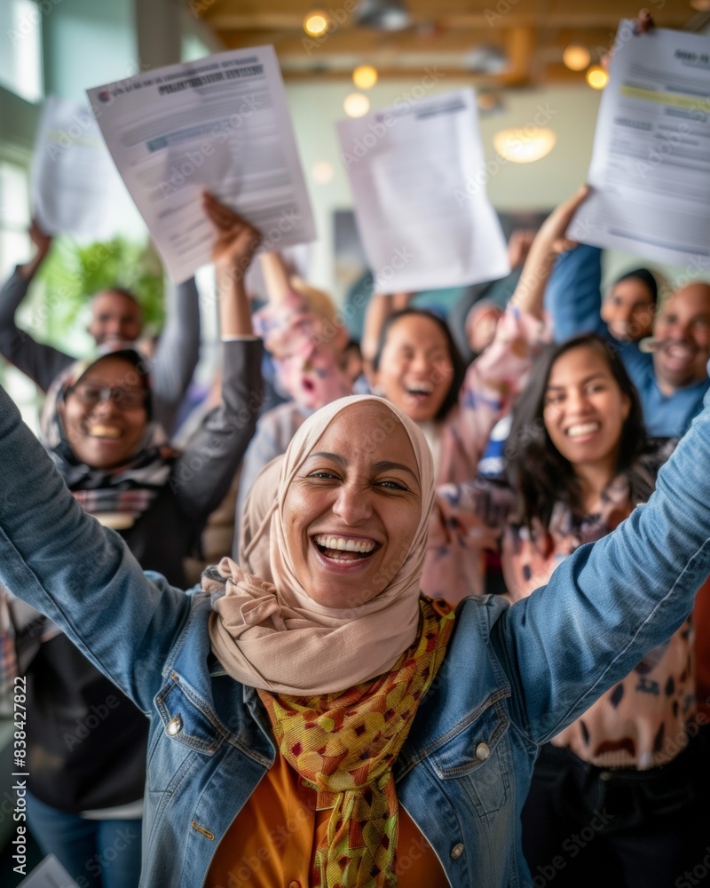 Joyful Diverse Group of Workers Celebrating Work Permits in Modern Office, Natural Light Setting Joyful Diverse Group of Workers Celebrating Work Permits in Modern Office, Natural Light Setting