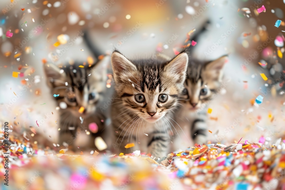 Playful kitten amidst colorful confetti, a group of kittens laying on top of a bed covered in confetti, Playful kittens surrounded by sugary confetti Playful kitten amidst colorful confetti, a group of kittens laying on top of a bed covered in confetti, Playful kittens surrounded by sugary confetti