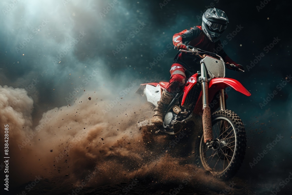 Speeding red dirt bike, dust-trailing rider, a person riding a dirt bike on a dirt road, Powerful dirt bike under dramatic studio lighting for an edgy effect Speeding red dirt bike, dust-trailing rider, a person riding a dirt bike on a dirt road, Powerful dirt bike under dramatic studio lighting for an edgy effect