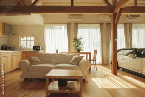 interior design in Japan, showing a simple and clean living room with a wooden floor, white sofa, coffee table made of wood, kitchen area, large windows