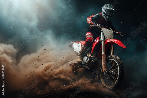 Speeding red dirt bike, dust-trailing rider, a person riding a dirt bike on a dirt road, Powerful dirt bike under dramatic studio lighting for an edgy effect