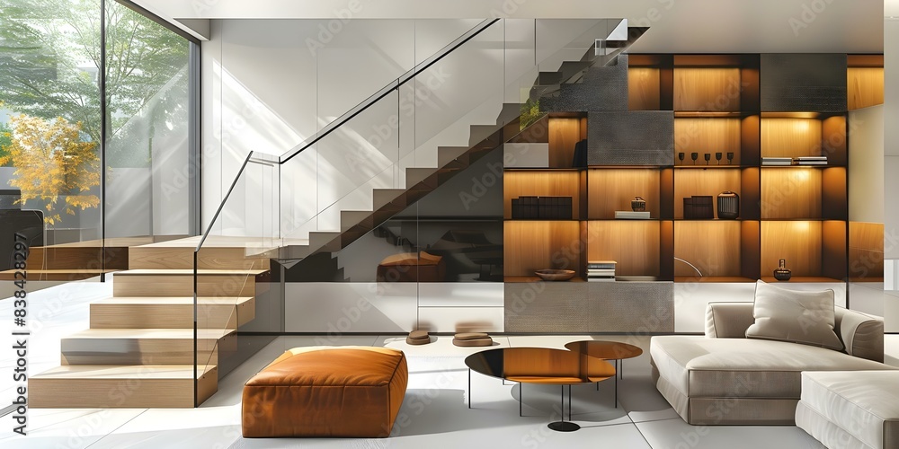Elevated contemporary interior design featuring wooden stairs and ...