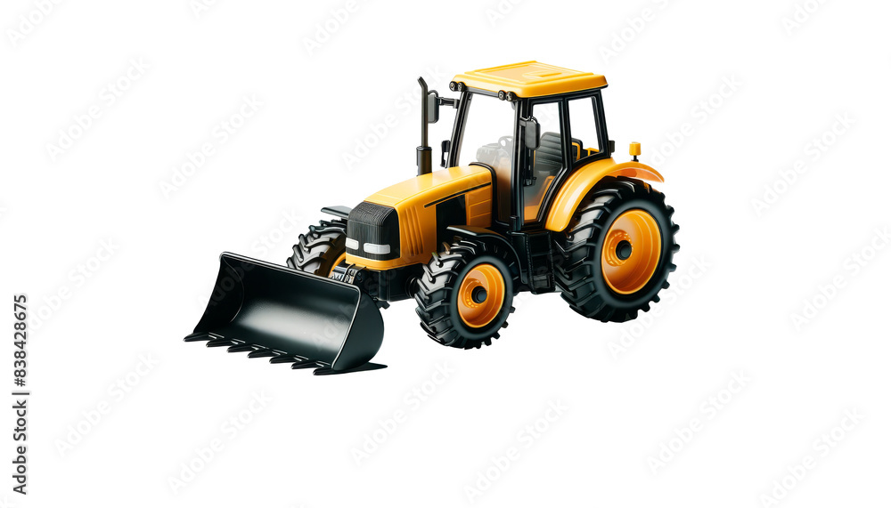 Fototapeta premium Realistic illustration of a yellow tractor with a front loader on a farm. Perfect for agricultural marketing, farming machinery promotions, and rural project advertisements. Premium illustration