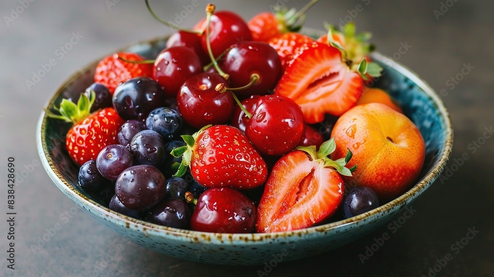 A detailed photograph of a fruit bowl featuring strawberries, grapes, peaches, and strawberries on a table A detailed photograph of a fruit bowl featuring strawberries, grapes, peaches, and strawberries on a table