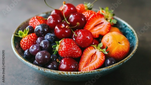   A detailed photograph of a fruit bowl featuring strawberries  grapes  peaches  and strawberries on a table