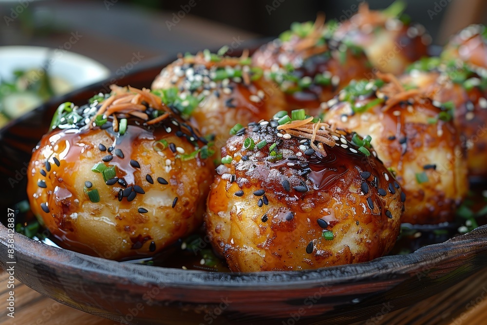 Takoyaki - Round, crispy octopus balls topped with mayonnaise, takoyaki sauce, and bonito flakes. Takoyaki - Round, crispy octopus balls topped with mayonnaise, takoyaki sauce, and bonito flakes.