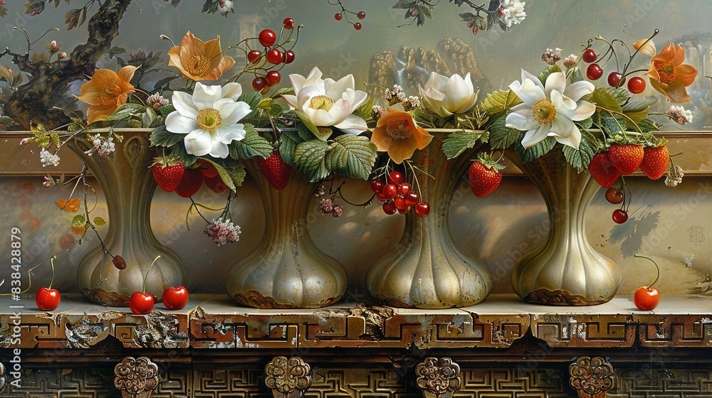 Fototapeta premium Painting of three vases, filled with flowers and strawberries, on a ledge with a cherry tree in the background