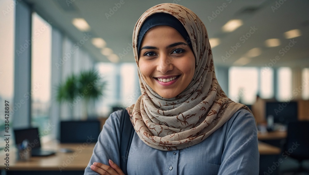 Modern professional in hijab at a sleek office desk Modern professional in hijab at a sleek office desk