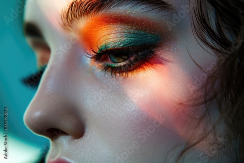 Vibrant rainbow eye makeup, a woman with colorful makeup and a bright make up, Showcase the dynamic colors and rich textures skillfully applied by a makeup artist on a model