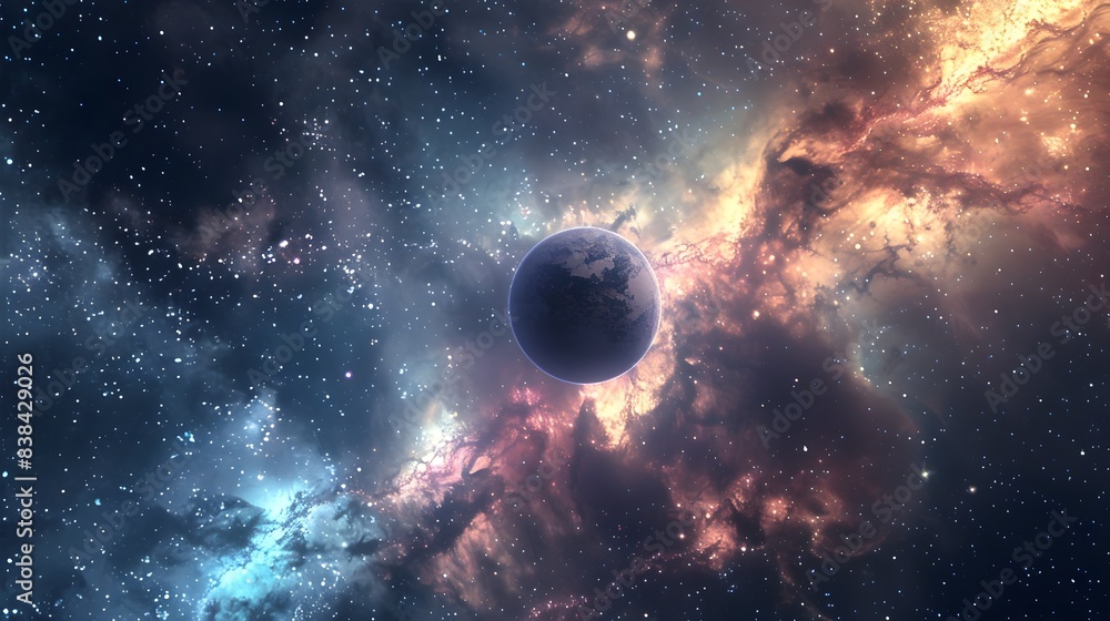 Obraz premium Captivating Cosmic Landscape with Glowing Planetary Orb in Dramatic Nebula