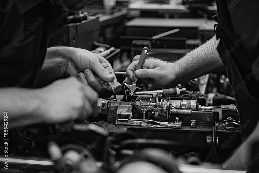 Focused mechanic at work, a man working on a car engine in a garage, Skilled hands working on intricate details during the car-making process Focused mechanic at work, a man working on a car engine in a garage, Skilled hands working on intricate details during the car-making process