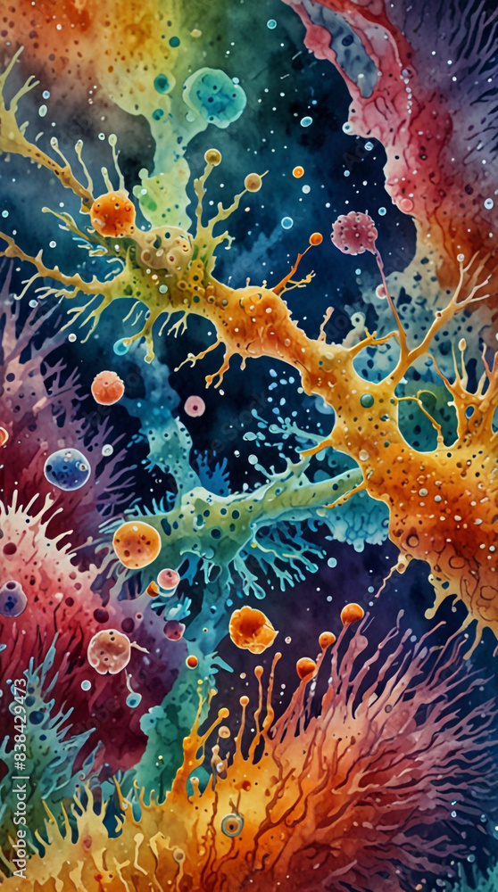 Watercolor painting: A microscopic view of extremophilic archaea thriving in a boiling hot spring, surrounded by vibrant minerals, Watercolor painting: A microscopic view of extremophilic archaea thriving in a boiling hot spring, surrounded by vibrant minerals,